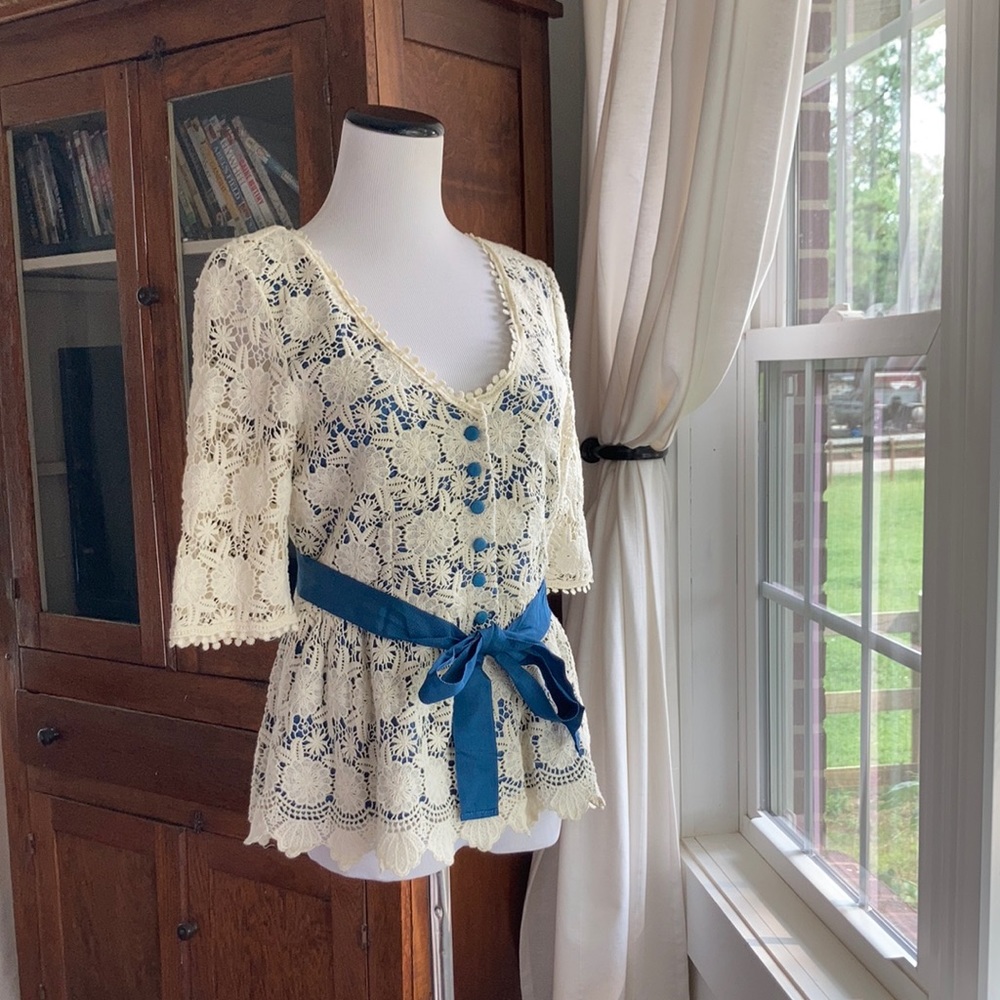 Darling Lace Peplum Top W/Blue Trim, Size M